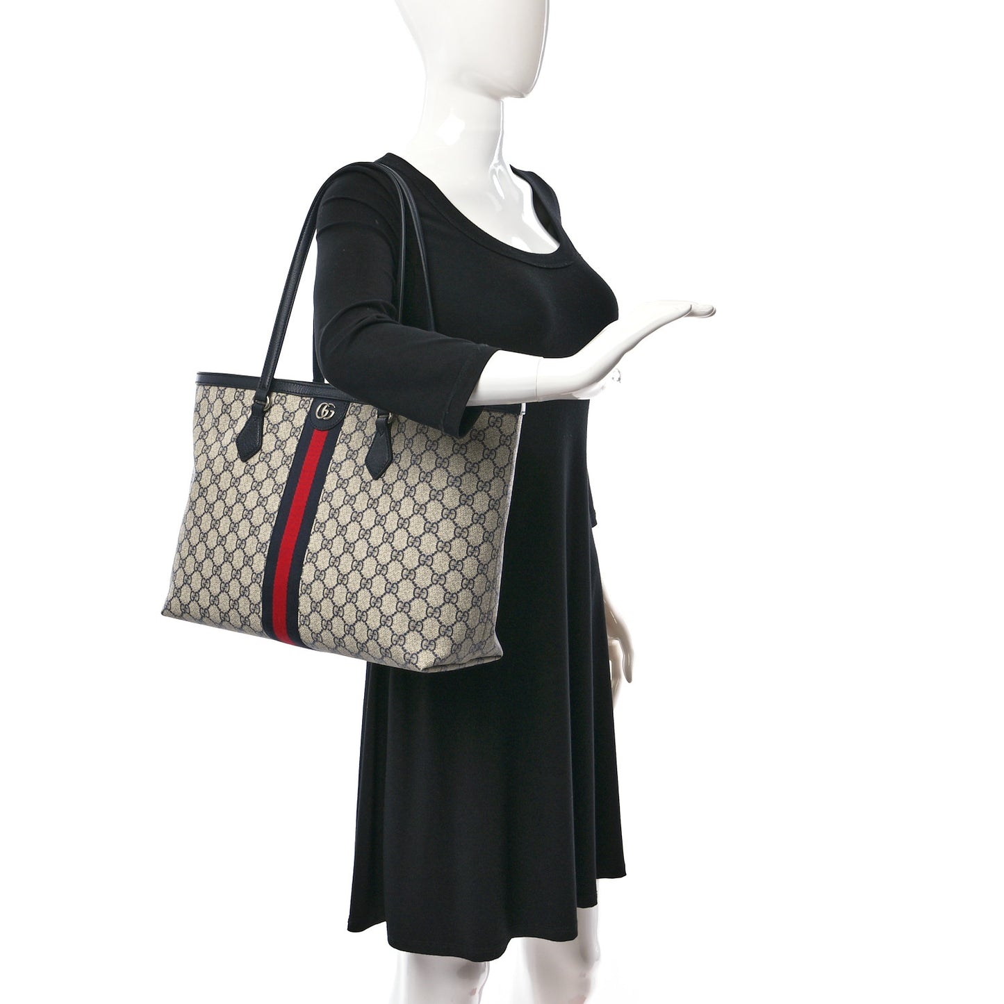 GG Supreme Monogram Textured Calfskin Web Medium Ophidia Shopping Tote Beige Blue