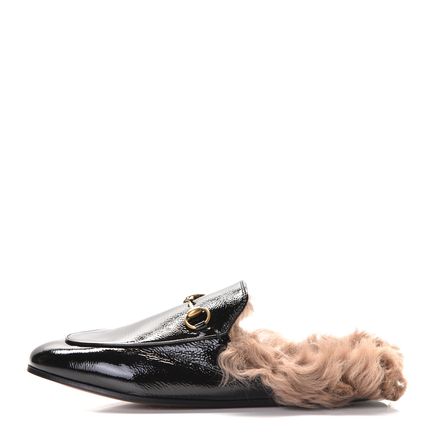 Gucci Patent Fur Womens Princetown Slippers 39.5 Black Natural 1 of 8