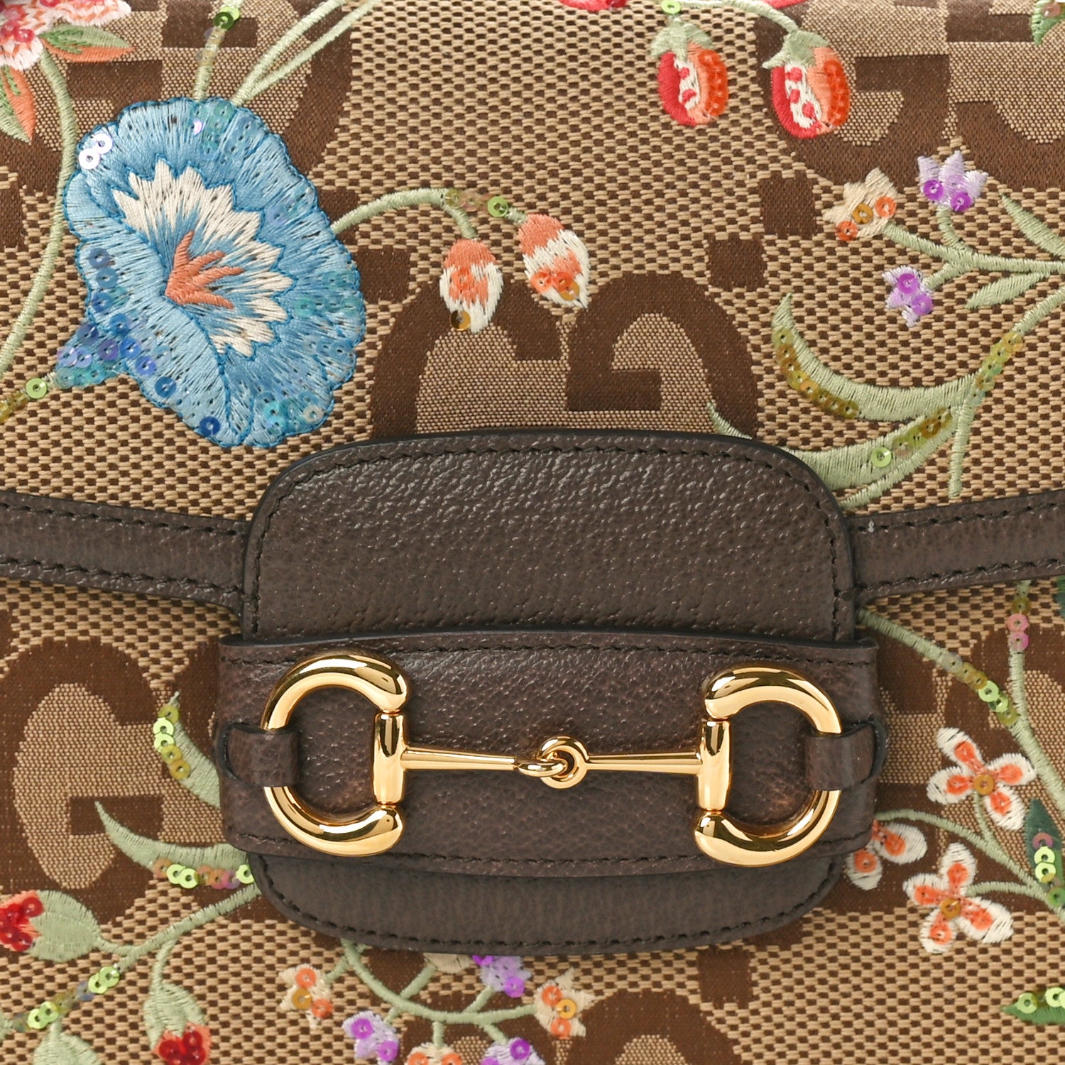 Gucci Monogram Jumbo GG Textured Dollar Calfskin Embroidered Horsebit 1955 Shoulder Bag Camel Ebony New Acero Multicolor 8 of 10
