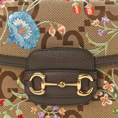 Gucci Monogram Jumbo GG Textured Dollar Calfskin Embroidered Horsebit 1955 Shoulder Bag Camel Ebony New Acero Multicolor 8 of 10