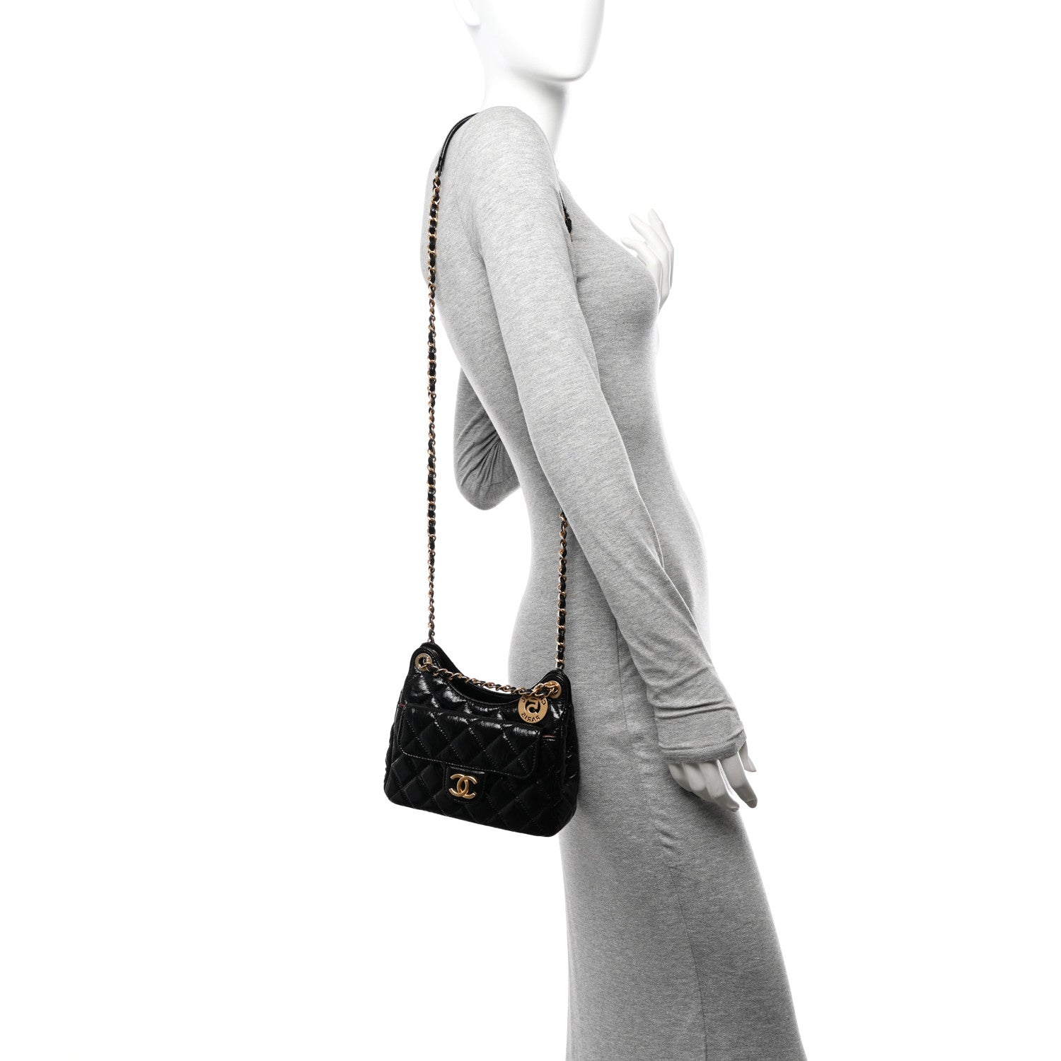 Chanel Shiny Crumpled Calfskin Quilted Small Wavy CC Hobo Black 2 of 14