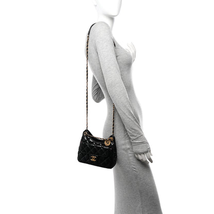 Chanel Shiny Crumpled Calfskin Quilted Small Wavy CC Hobo Black 2 of 14