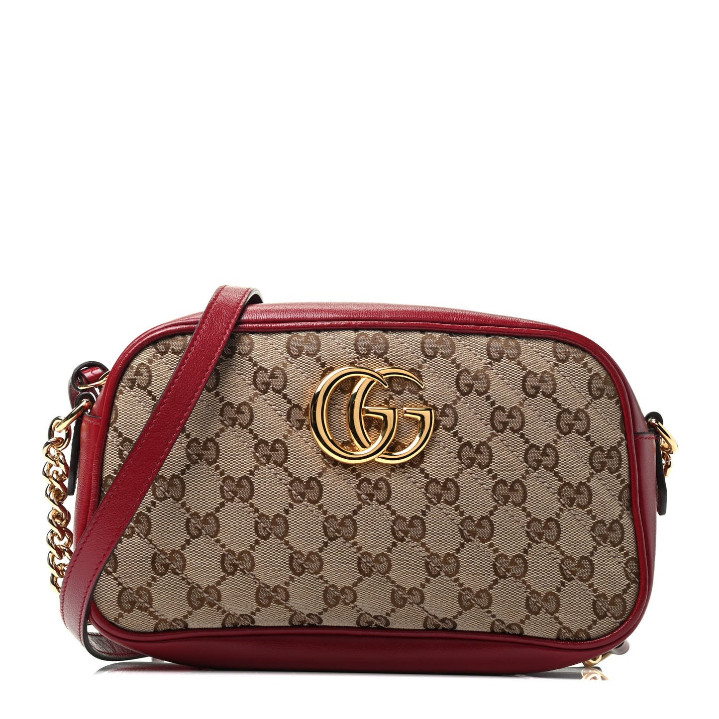 Monogram Azalea Calfskin Matelasse Diagonal Small GG Marmont Chain Shoulder Bag Beige Ebony New Cherry Red