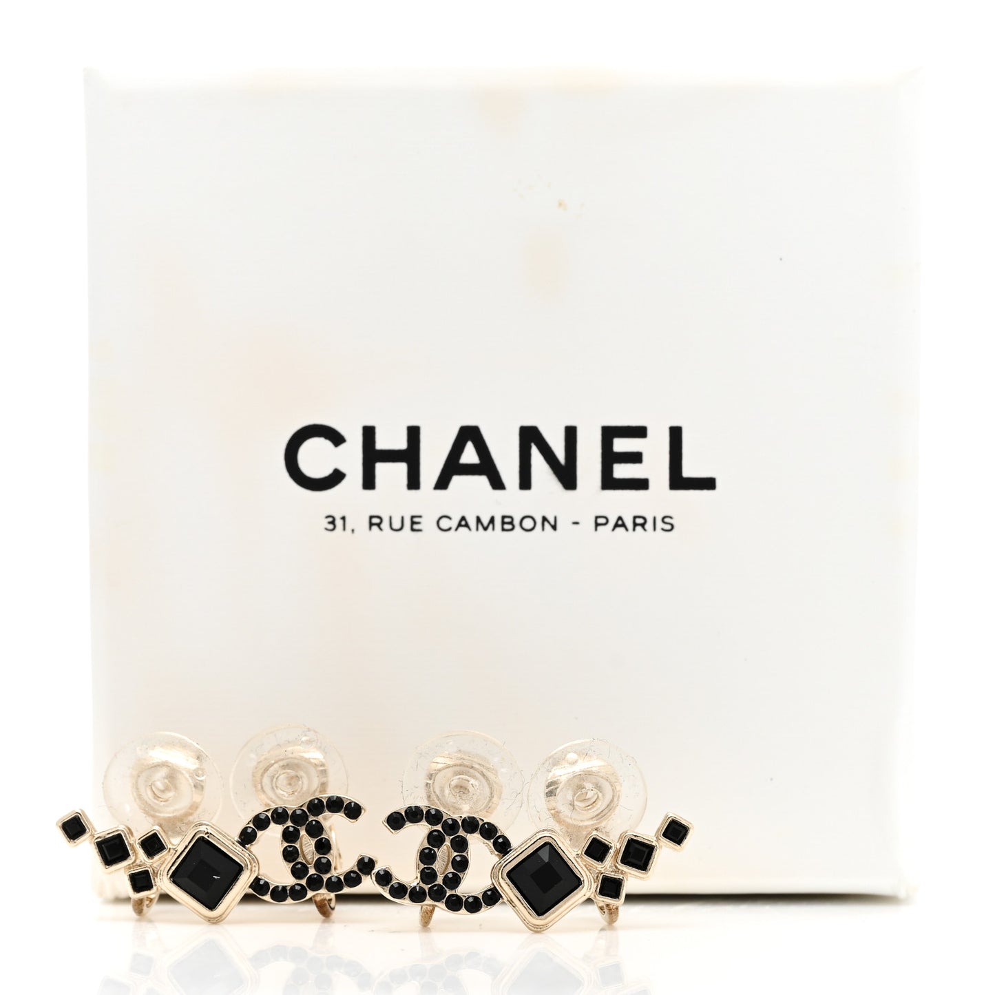 Metal Crystal Enamel CC Clip On Earrings Black