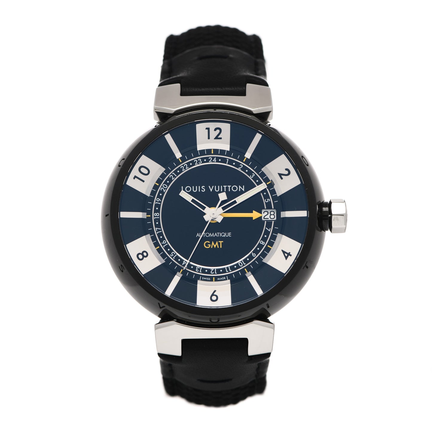Stainless Steel Calfskin 41mm Tambour GMT Automatic Watch Black