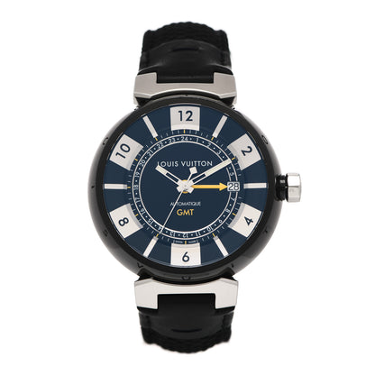 Louis Vuitton Stainless Steel Calfskin 41mm Tambour GMT Automatic Watch Black 1 of 6