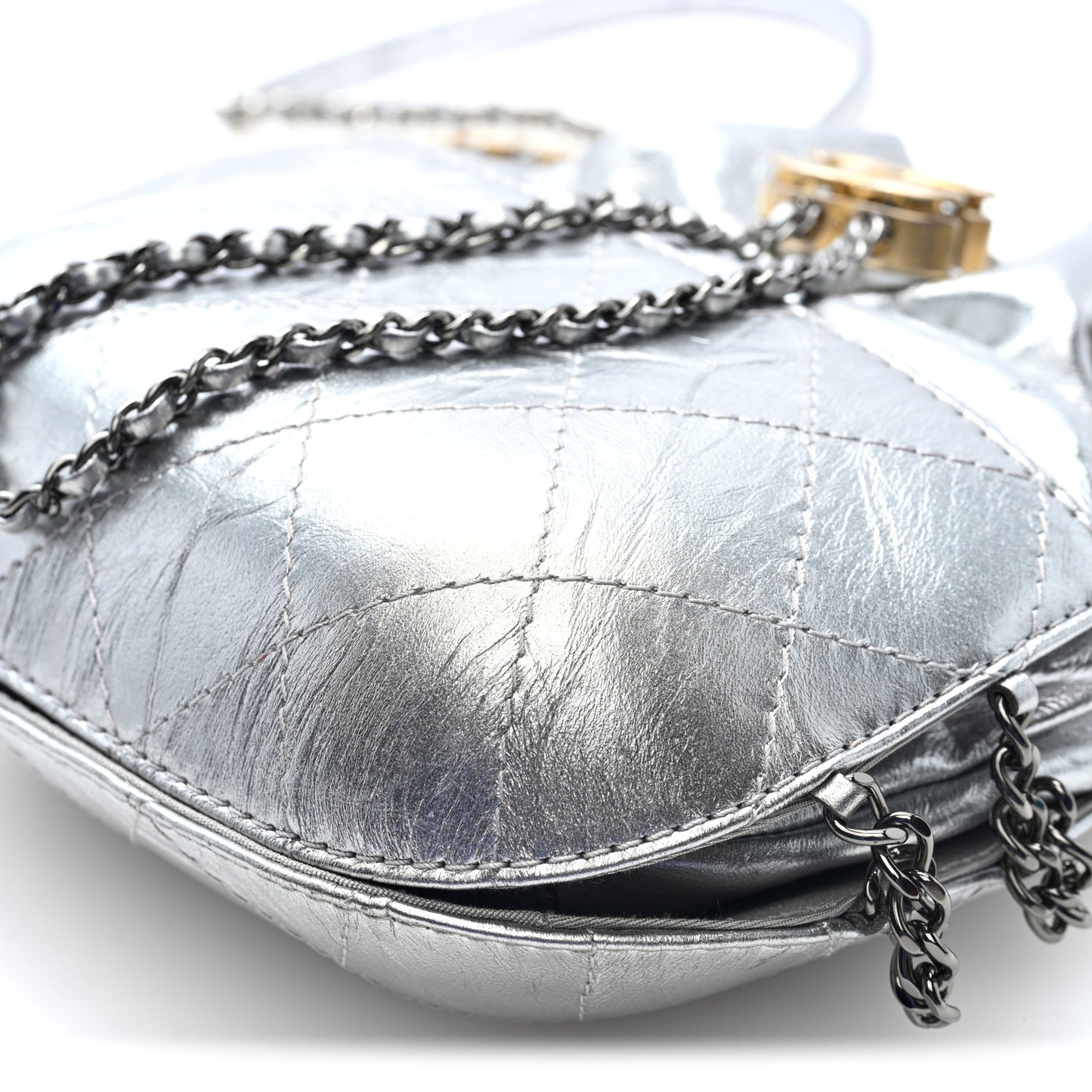Metallic Aged Calfskin Quilted Small Gabrielle Bucket Silver