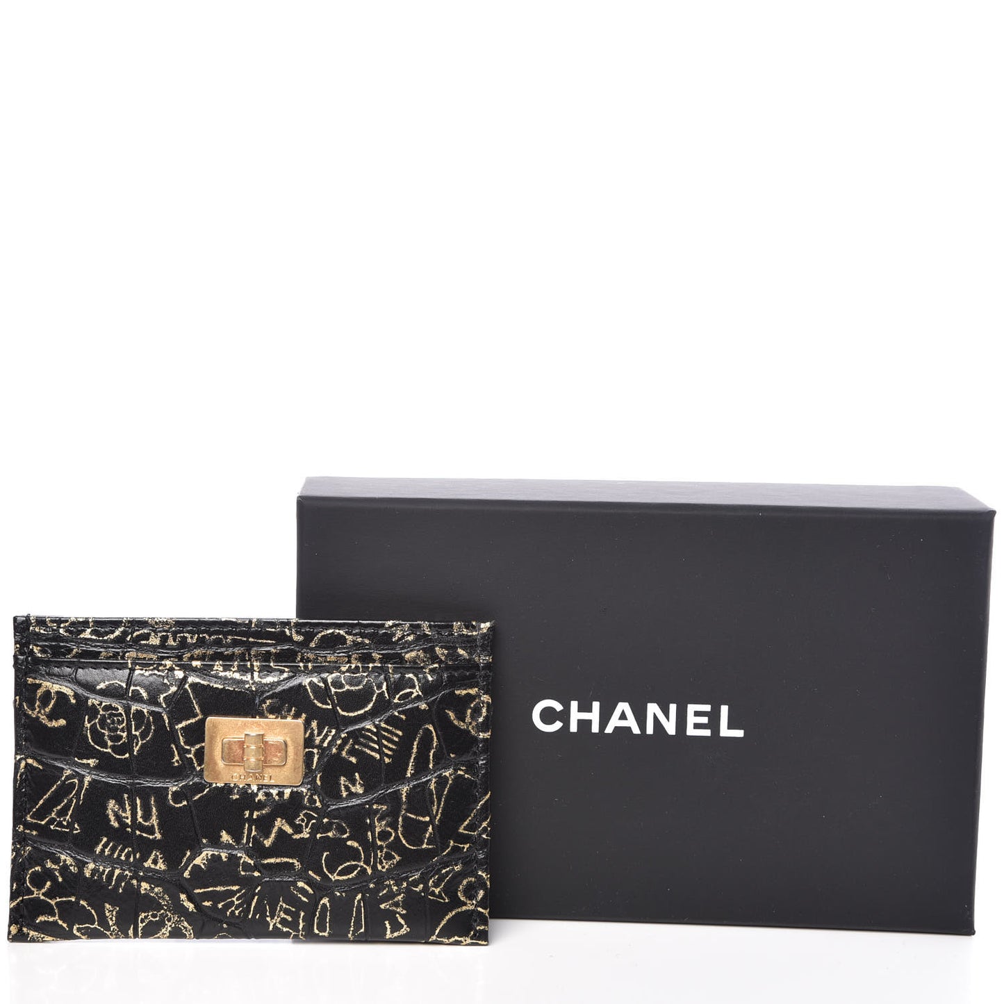 Calfskin Crocodile Embossed Graffiti 2.55 Cocodile Reissue Card Holder Black Gold