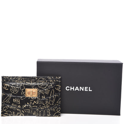 Chanel Calfskin Crocodile Embossed Graffiti 2.55 Cocodile Reissue Card Holder Black Gold 9 of 9