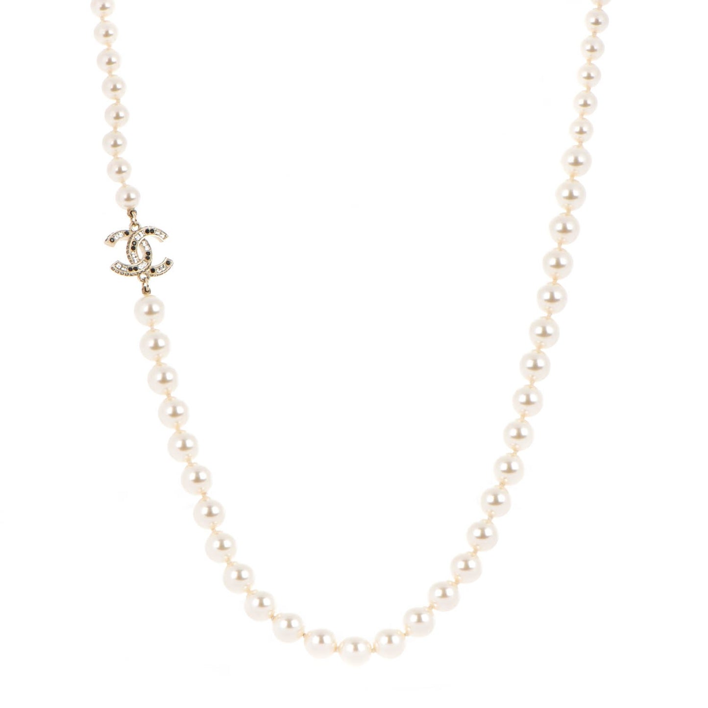 Graduated Pearl Crystal CC Long Necklace Black Gold