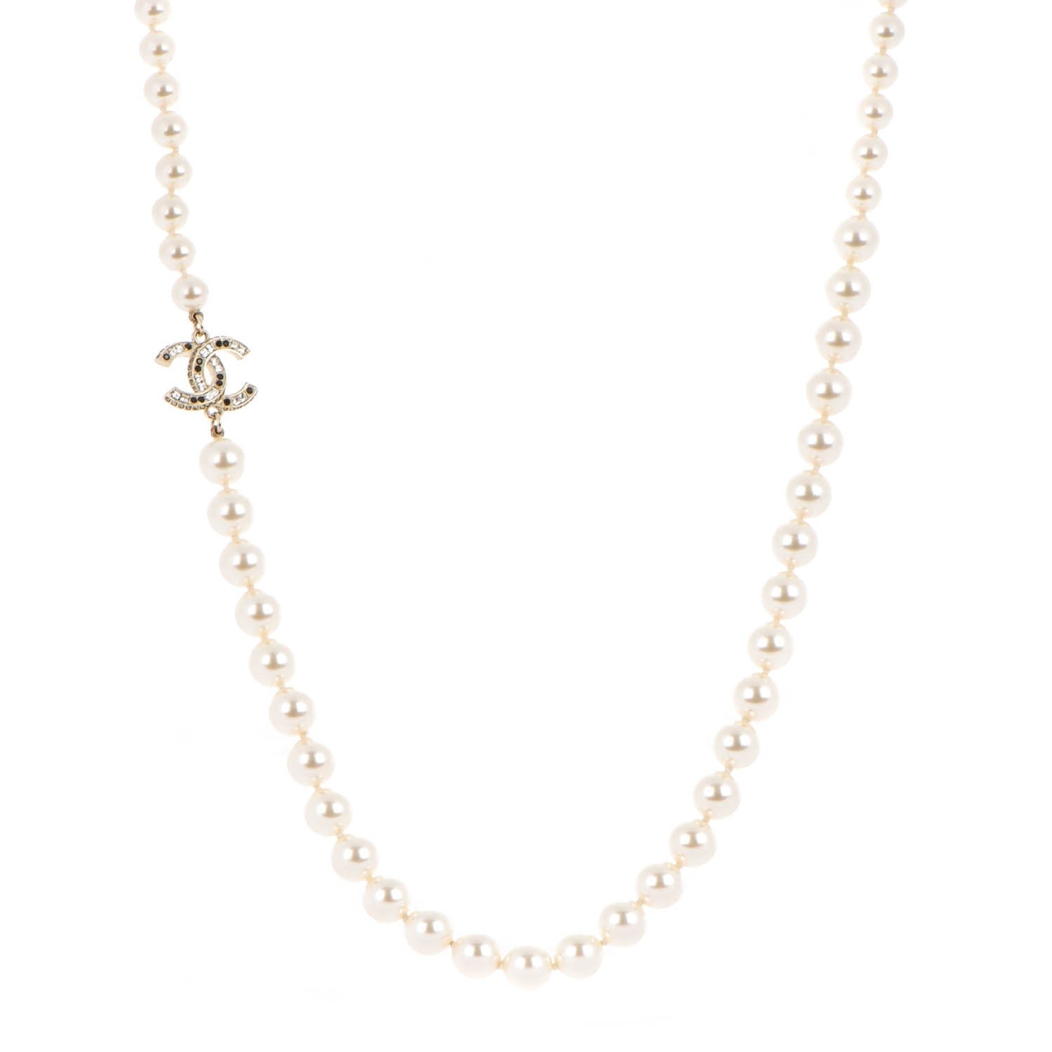Chanel Graduated Pearl Crystal CC Long Necklace Black Gold 1 of 6