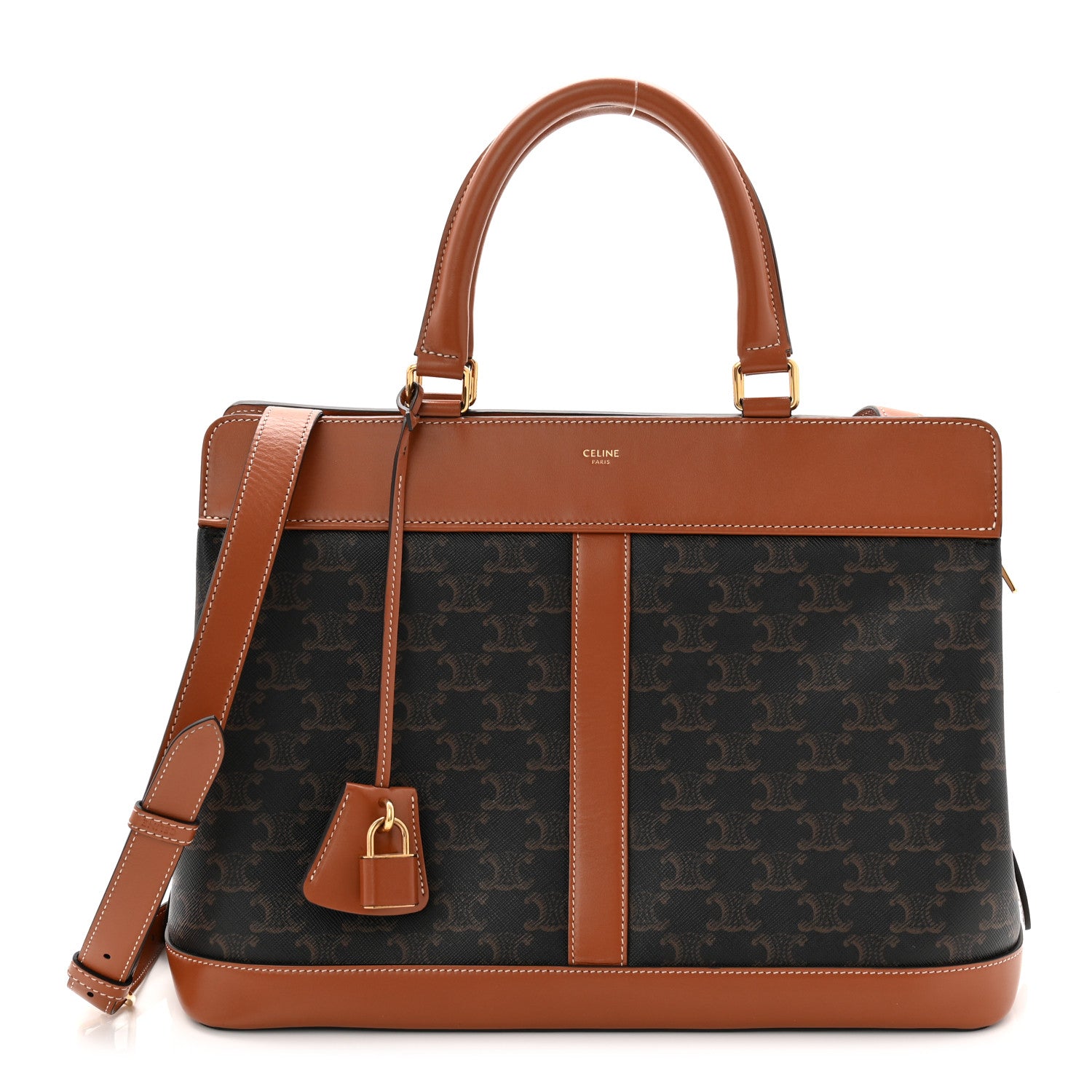 Celine Triomphe Canvas Calfskin Cabas De France Handbag Tan 1 of 12