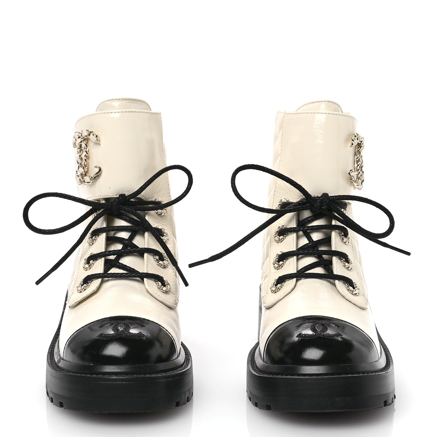 Shiny Lambskin Quilted Lace Up Combat Boots 36 White Black