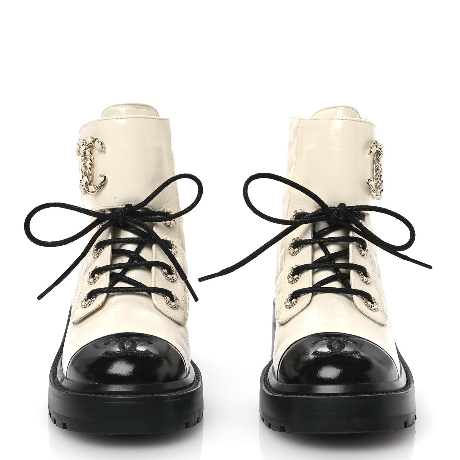 Chanel Shiny Lambskin Quilted Lace Up Combat Boots 36 White Black 2 of 9