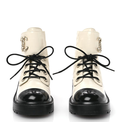 Chanel Shiny Lambskin Quilted Lace Up Combat Boots 36 White Black 2 of 9