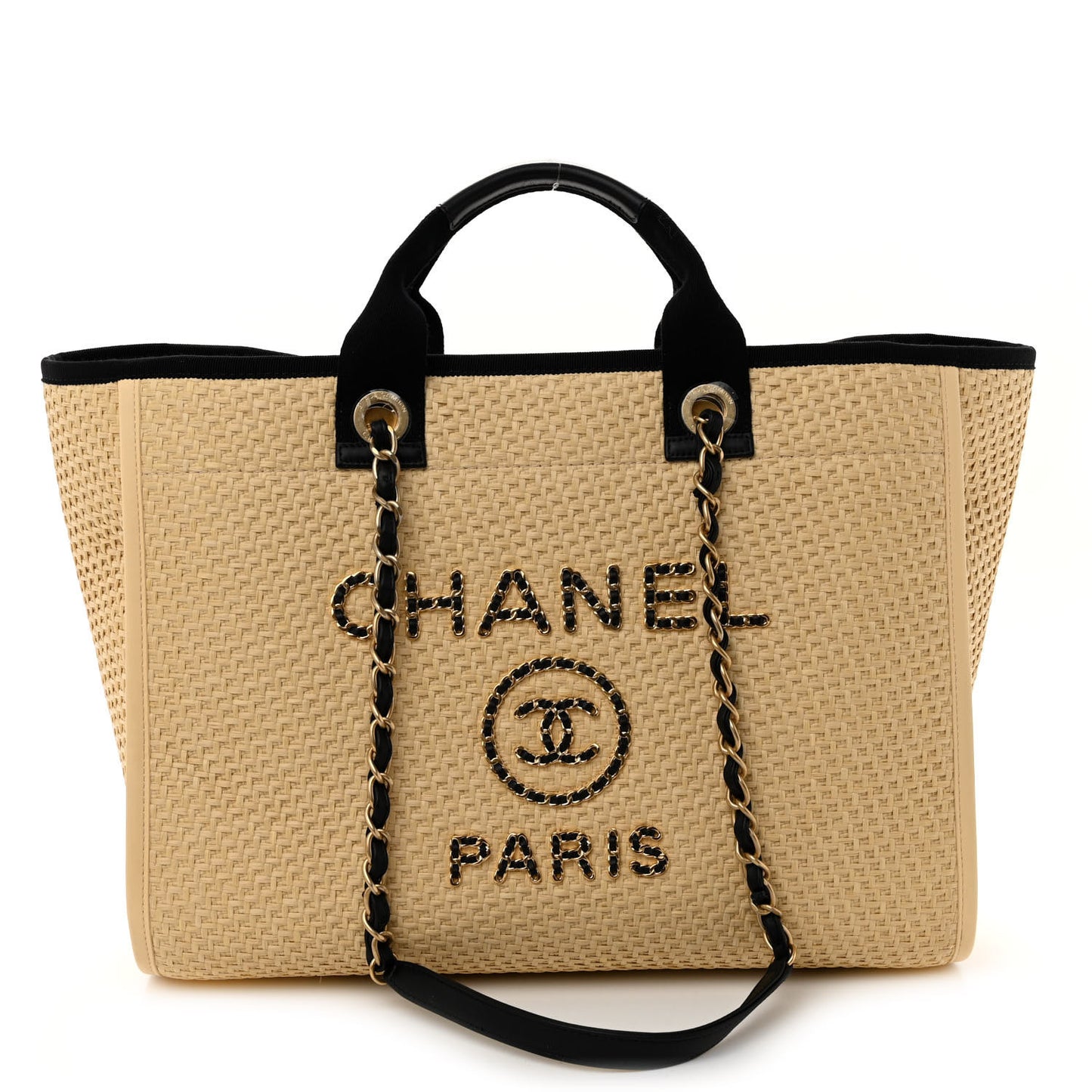Straw Raffia Calfskin Chain Medium Deauville Tote Beige Black