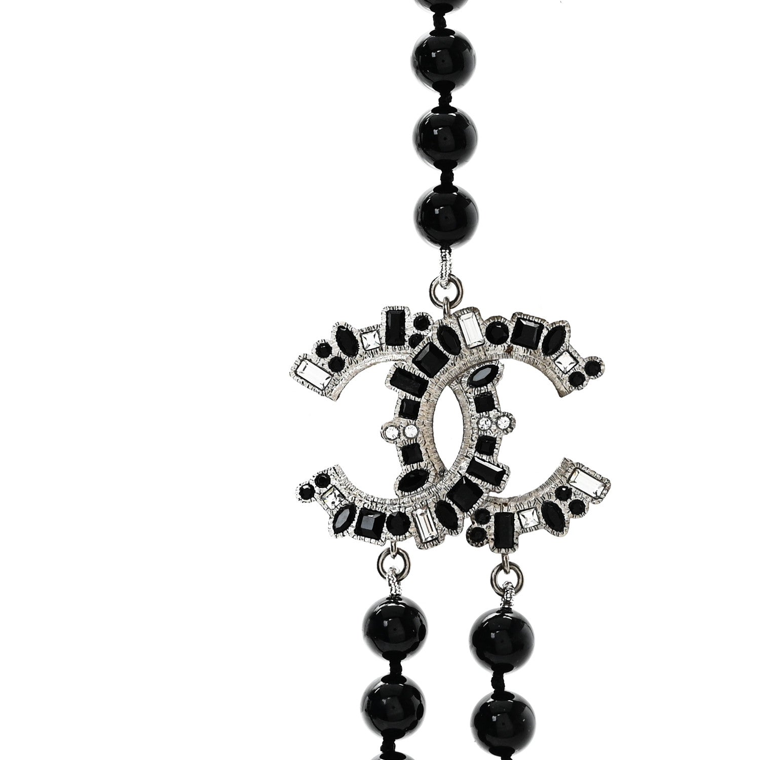 Chanel Bead Crystal Baguette Multi Strand CC Smiley Emoji Necklace Silver Black 5 of 7