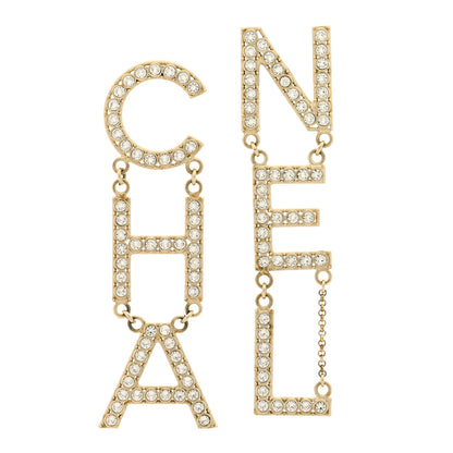Chanel Crystal Cha-Nel Logo Drop Earrings Gold 1 of 4