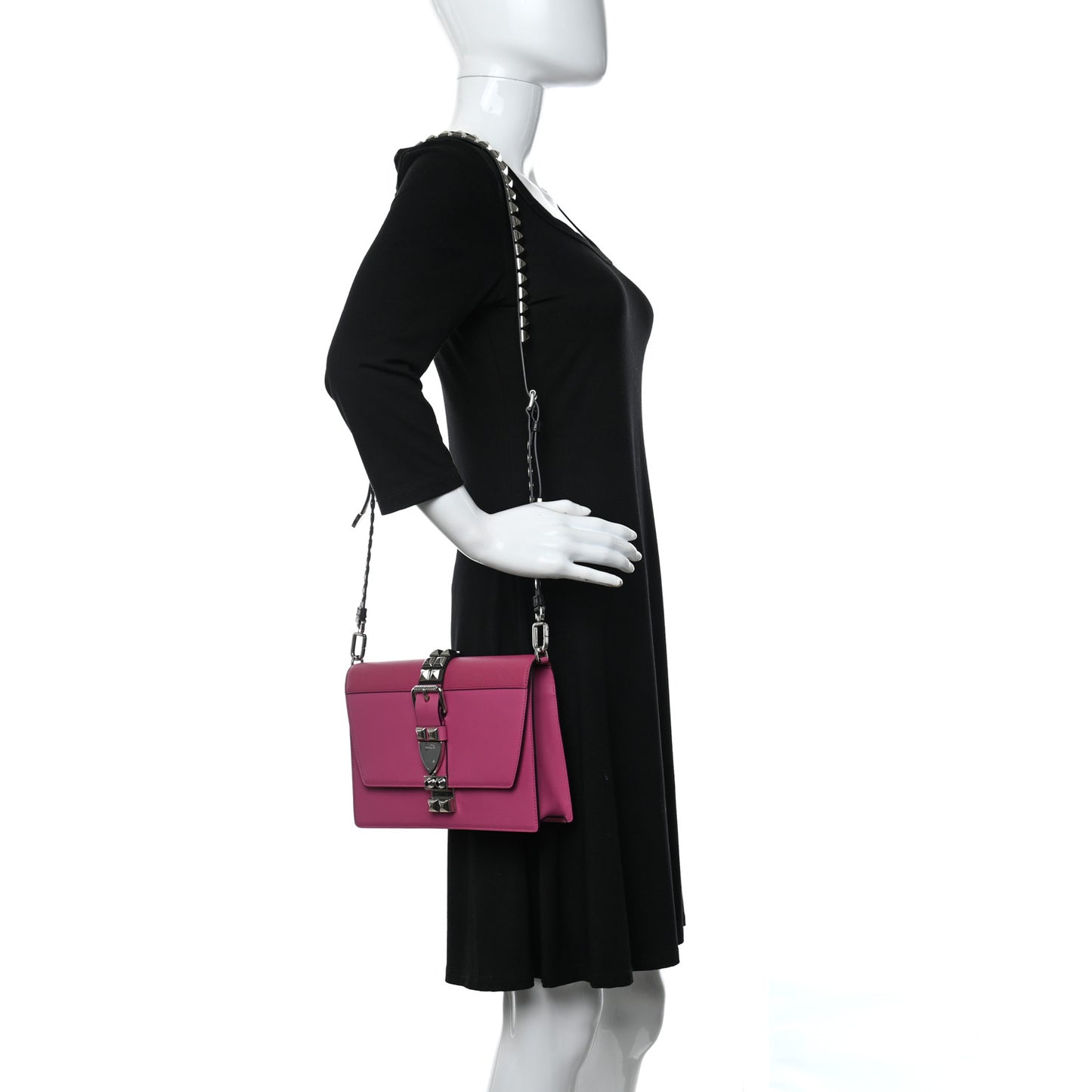 Saffiano City Calfskin Studded Small Elektra Shoulder Bag Fuxia