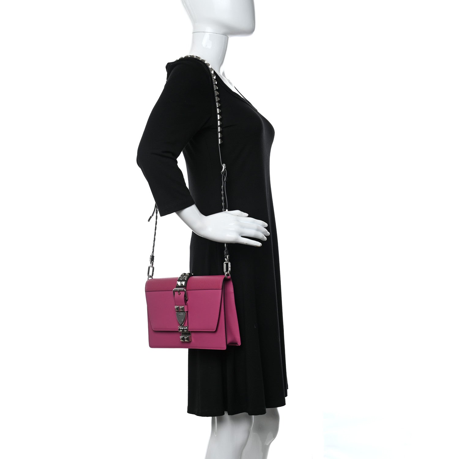Prada Saffiano City Calfskin Studded Small Elektra Shoulder Bag Fuxia 2 of 8