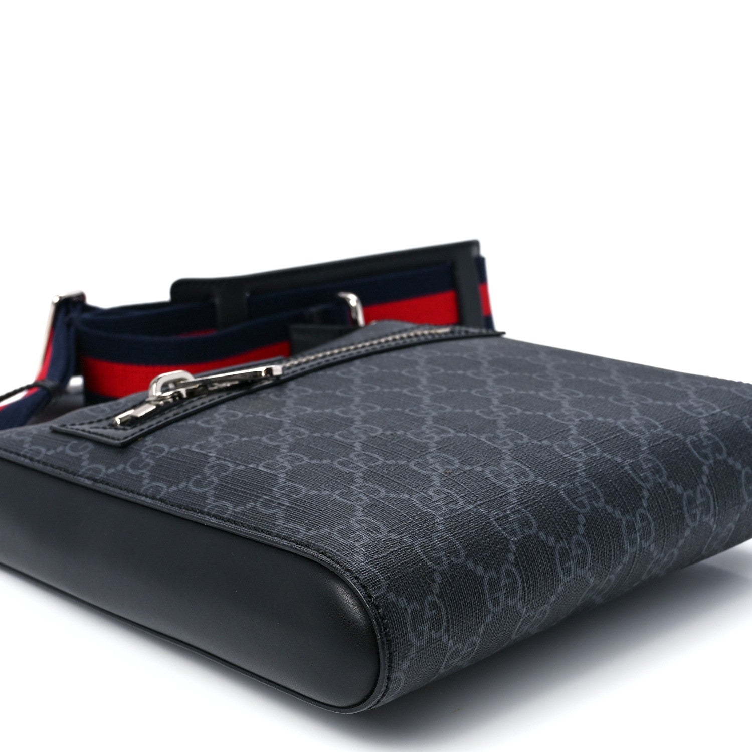 Gucci GG Supreme Monogram Web Small Flat Messenger Bag Black Grey 11 of 12