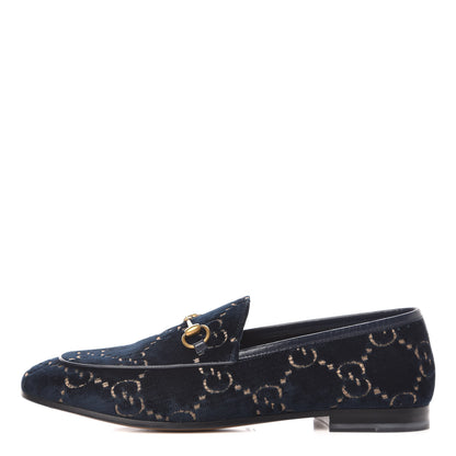 Gucci Velvet GG Monogram Horsebit Womens Jordaan Loafers 39.5 Blue Beige 1 of 10
