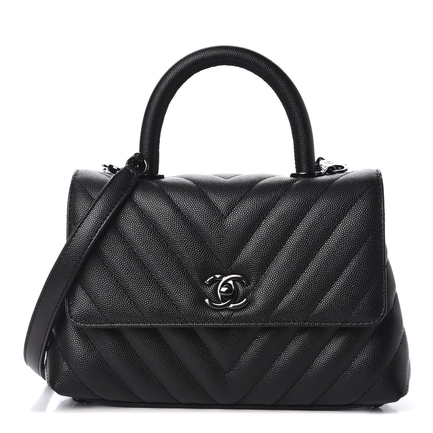 Caviar Chevron Quilted Mini Coco Handle Flap So Black
