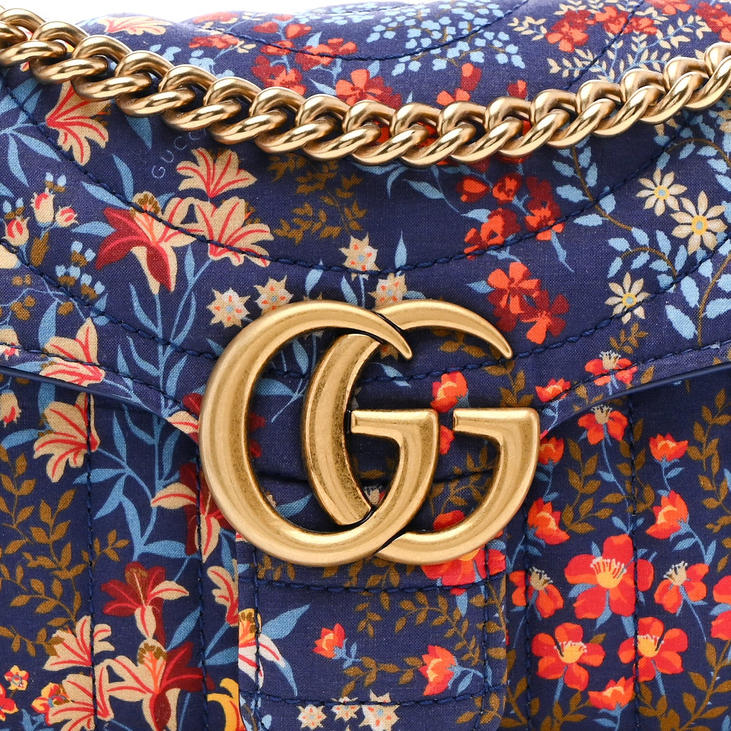 Cotton Calfskin Matelasse Floral Print Small GG Marmont Shoulder Bag Blue Red Deep Ocean Blue