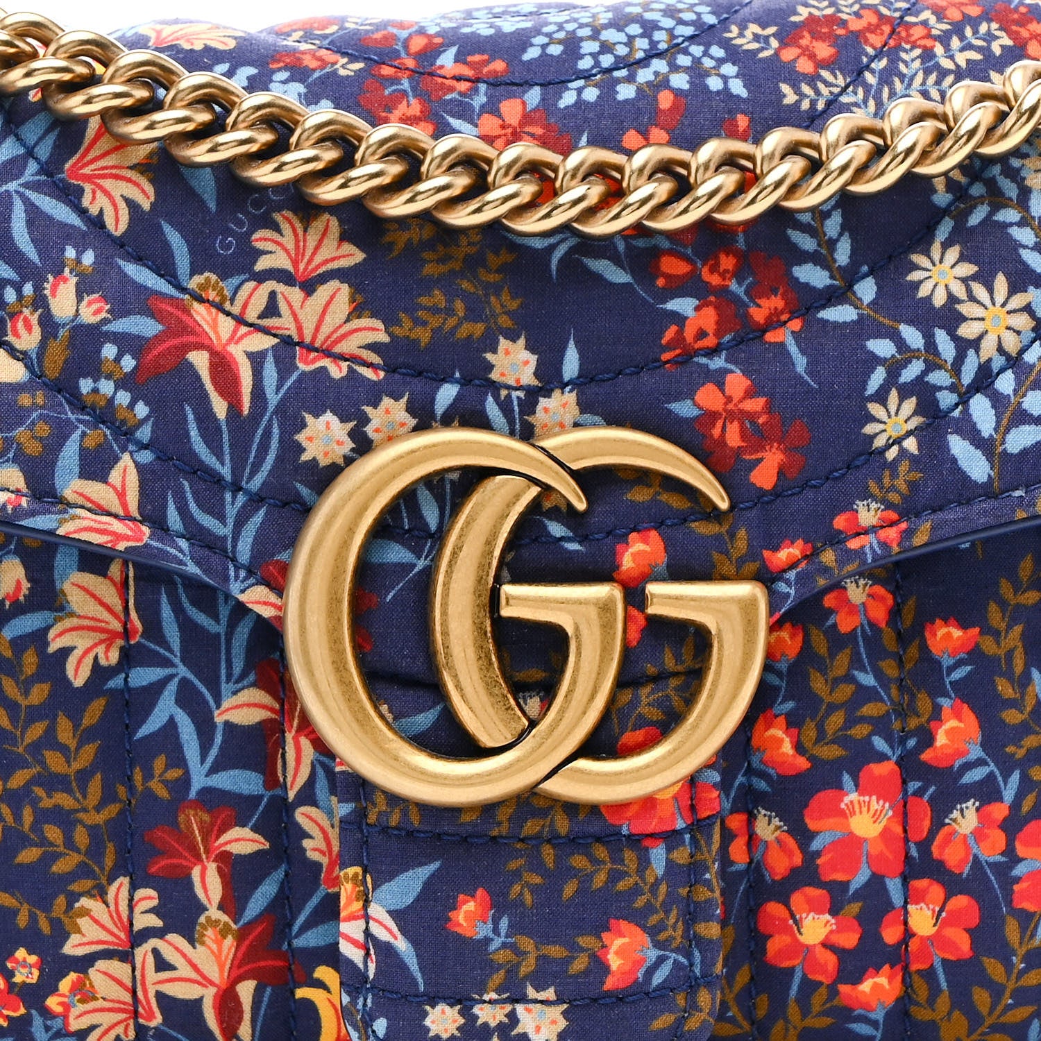 Gucci Cotton Calfskin Matelasse Floral Print Small GG Marmont Shoulder Bag Blue Red Deep Ocean Blue 8 of 11