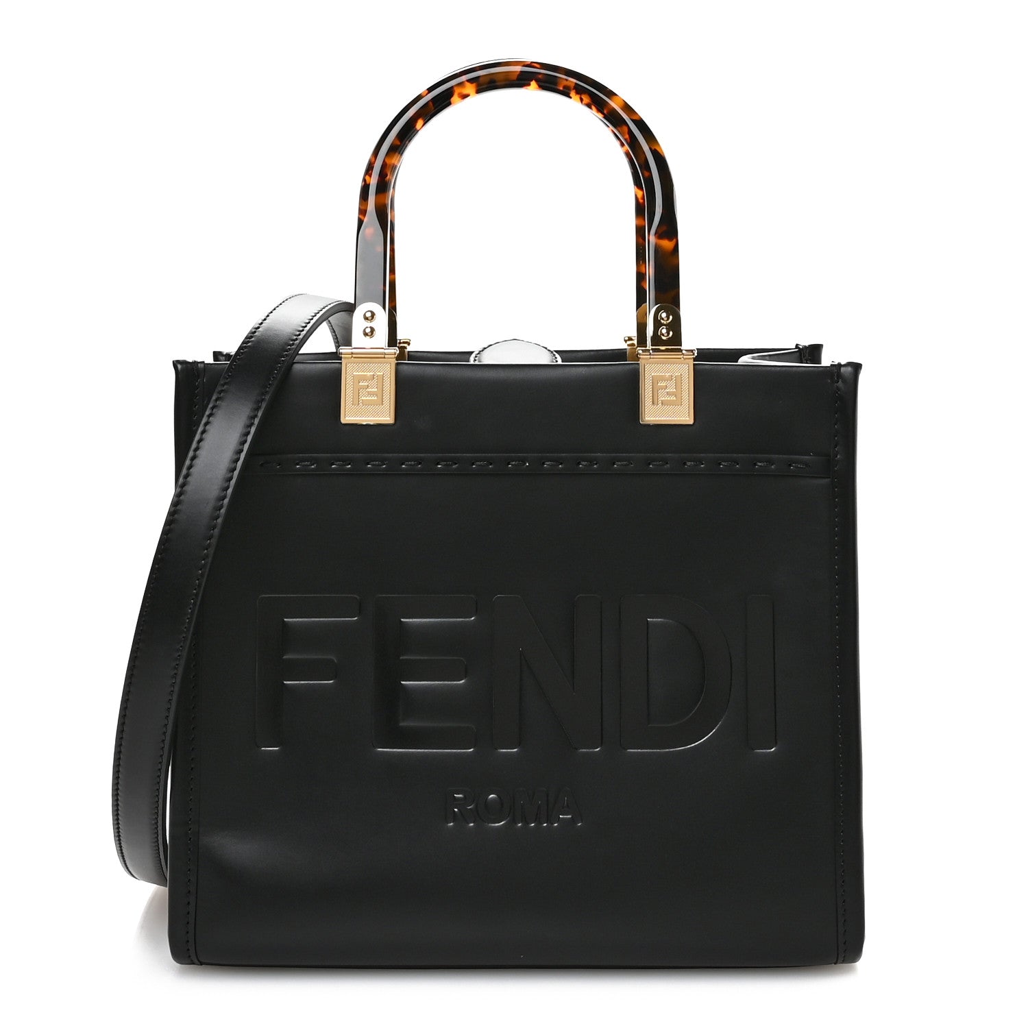 Fendi Vitello King Plexiglass Logo Embossed Small Fendi Sunshine Shopper Tote Black 1 of 8