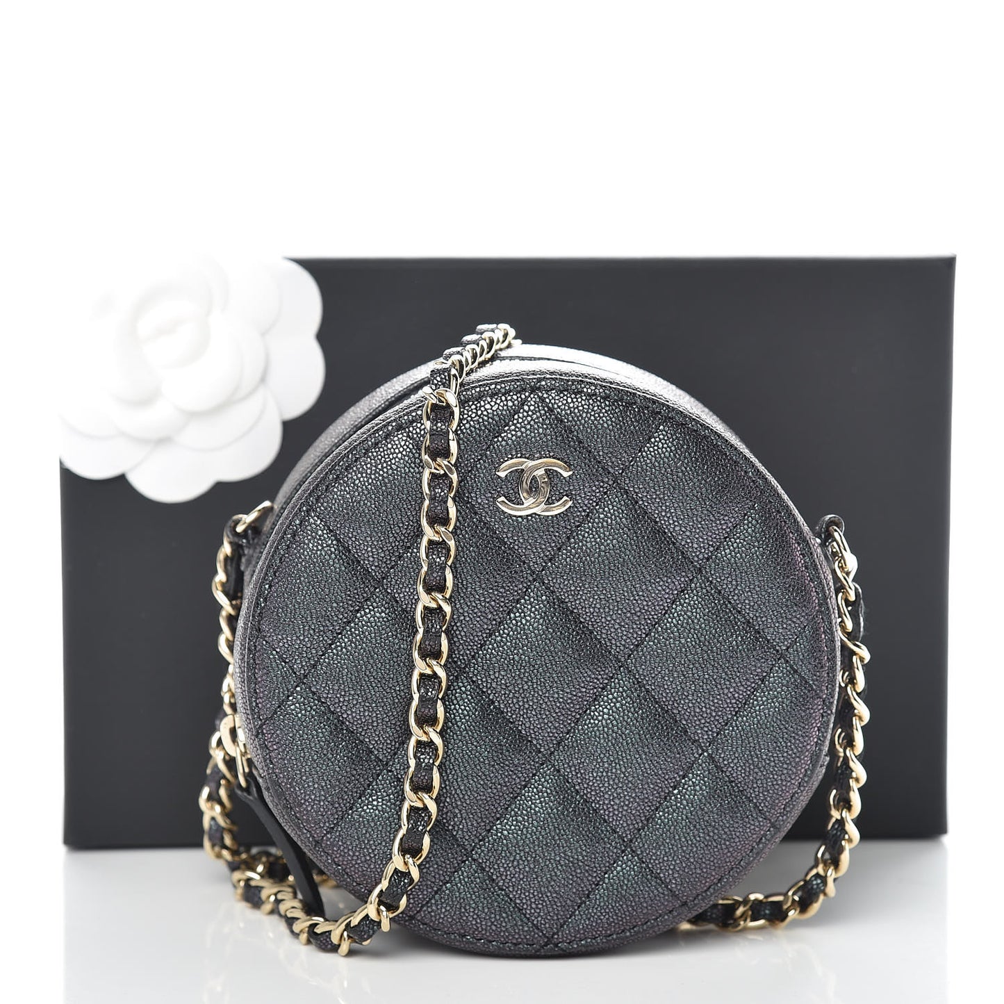 Iridescent Caviar Quilted Round Clutch With Chain Black