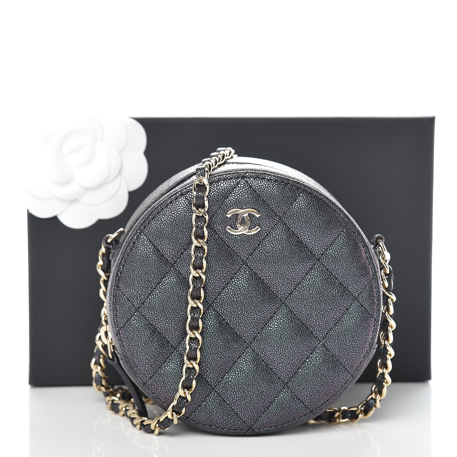 Chanel Iridescent Caviar Quilted Round Clutch With Chain Black 9 of 9