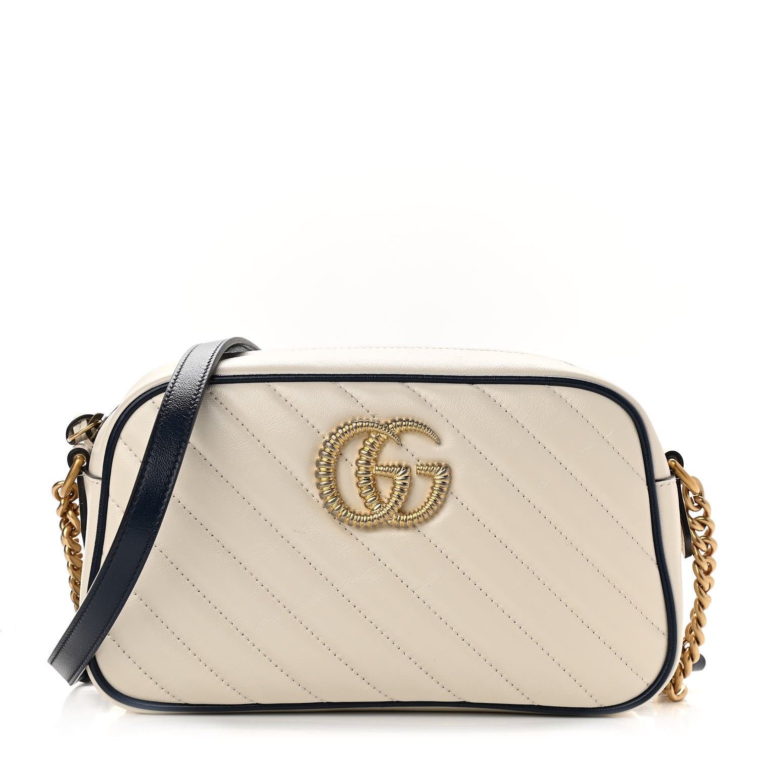 Gucci Vintage Effect Calfskin Matelasse Diagonal Small Torchon GG Marmont Chain Shoulder Bag Mystic White Blue Agata 1 of 10
