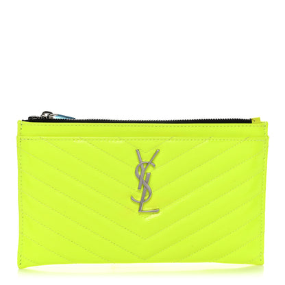 Saint Laurent Patent Grain De Poudre Matelasse Chevron Monogram Bill Pouch Neon Yellow 1 of 8