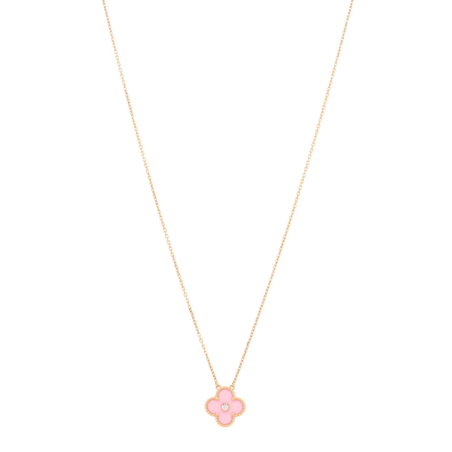 18K Rose Gold Diamond Pink Porcelain Vintage Alhambra Pendant Necklace