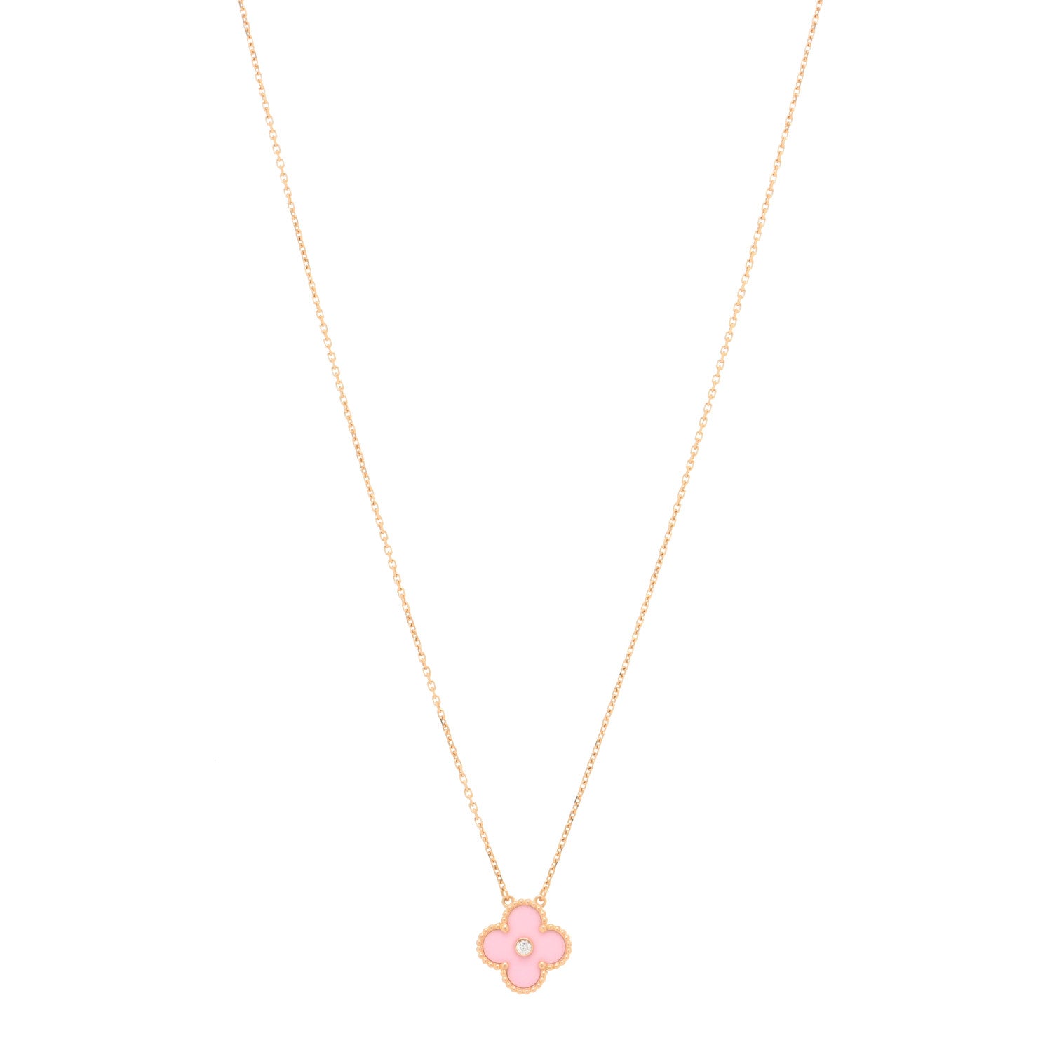 Van Cleef & Arpels 18K Rose Gold Diamond Pink Porcelain Vintage Alhambra Pendant Necklace 1 of 3