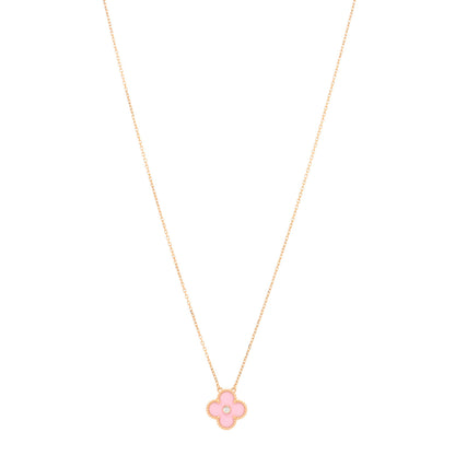 Van Cleef & Arpels 18K Rose Gold Diamond Pink Porcelain Vintage Alhambra Pendant Necklace 1 of 3