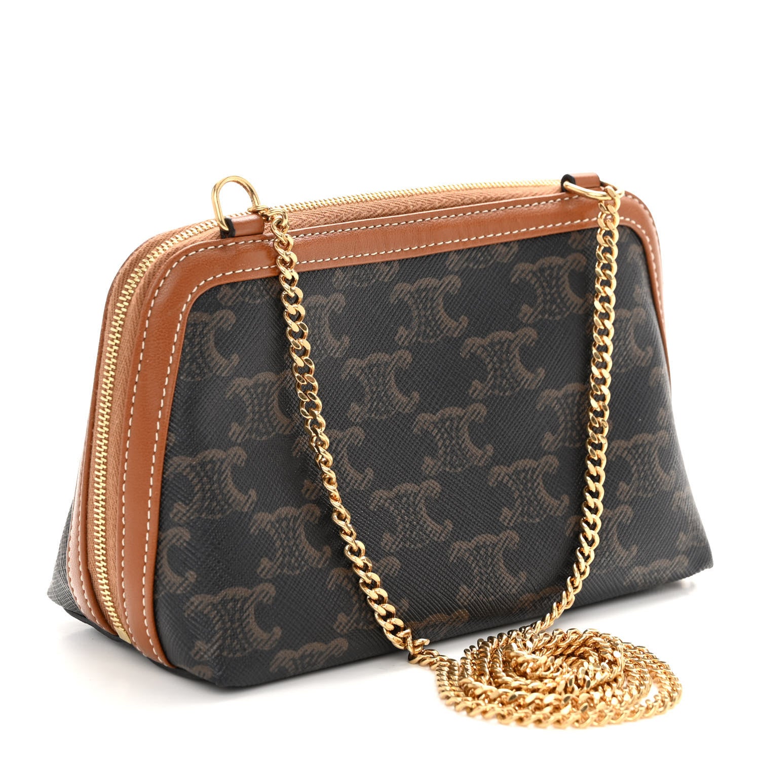 Celine Triomphe Canvas Lambskin Clutch On Chain Tan 3 of 11