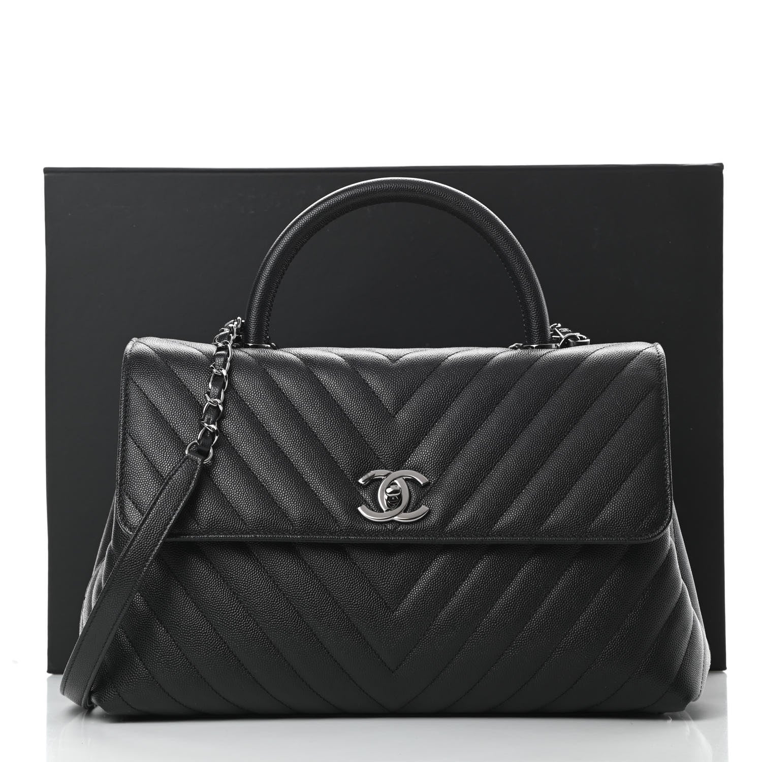 Chanel Caviar Chevron Quilted Medium Coco Handle Flap Black 11 of 11