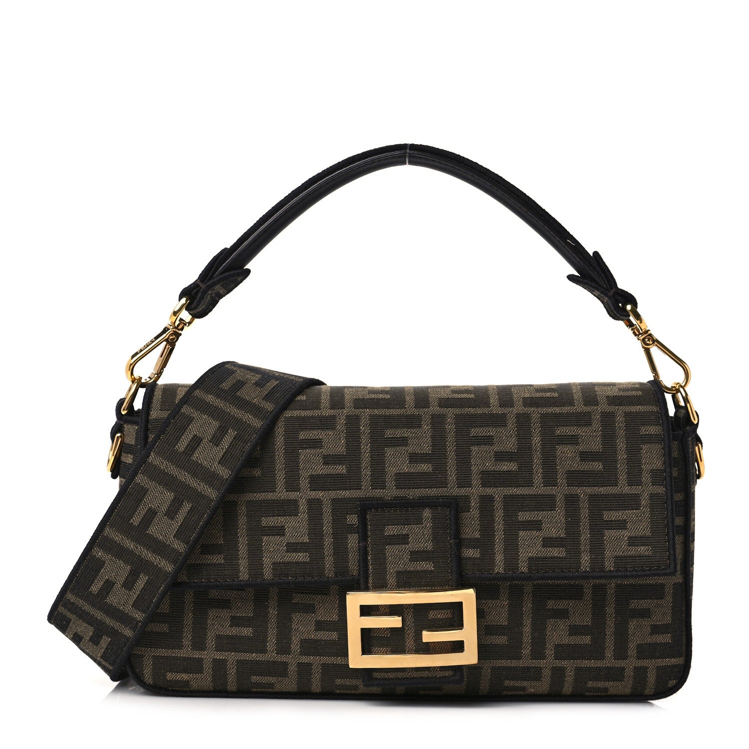 Fendi Fabric Jacquard FF 1974 Medium Baguette Tobacco Moro Black 1 of 8