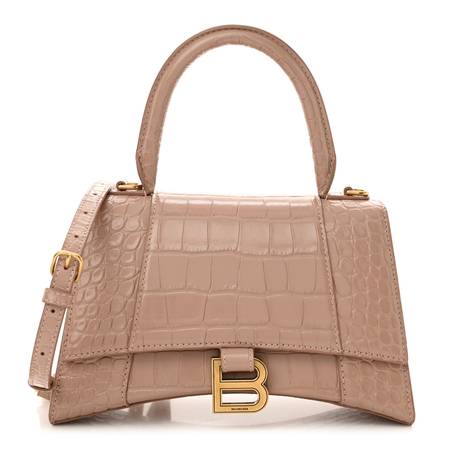 Shiny Calfskin Crocodile Embossed Small Hourglass Top Handle Bag Nude Beige