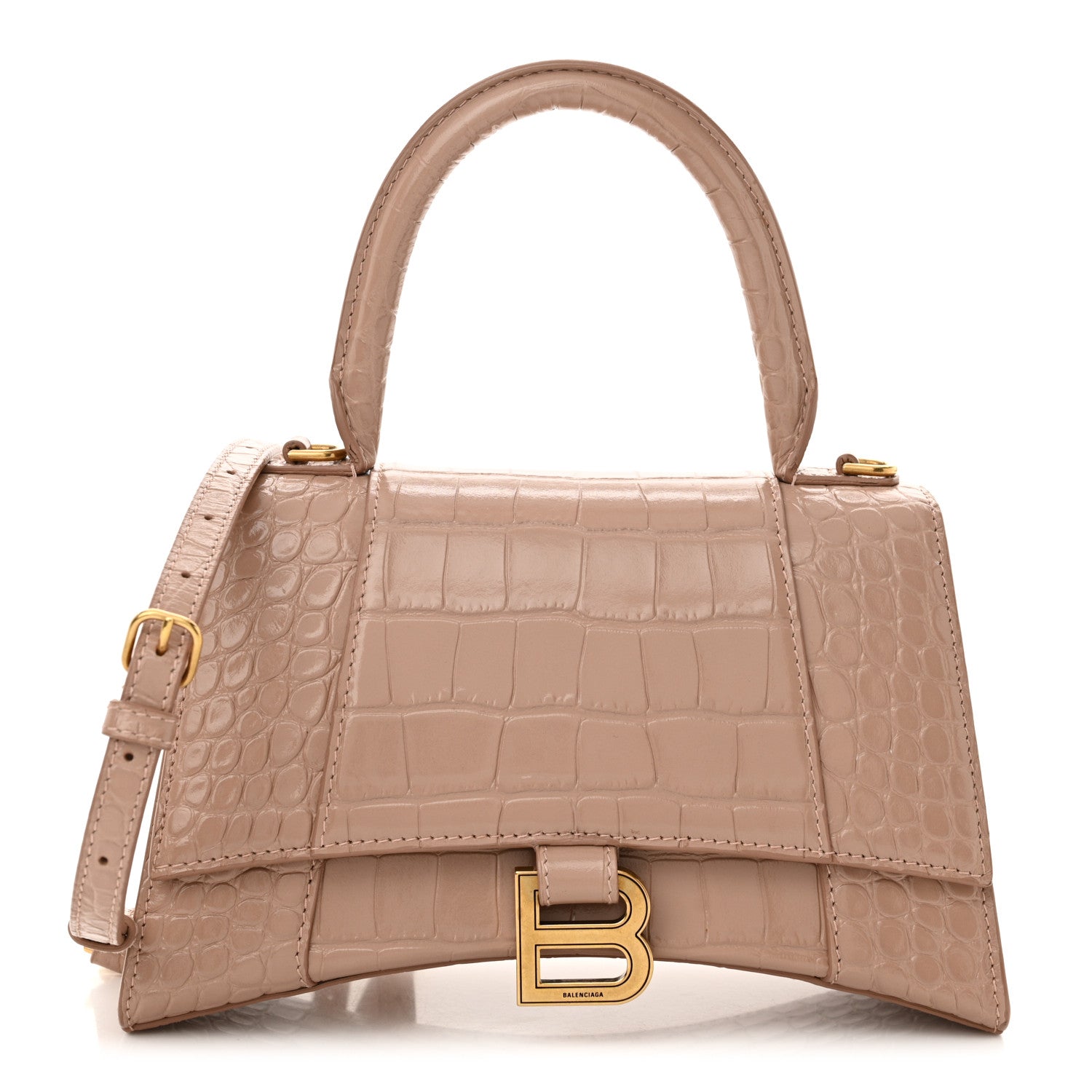 Balenciaga Shiny Calfskin Crocodile Embossed Small Hourglass Top Handle Bag Nude Beige 1 of 13