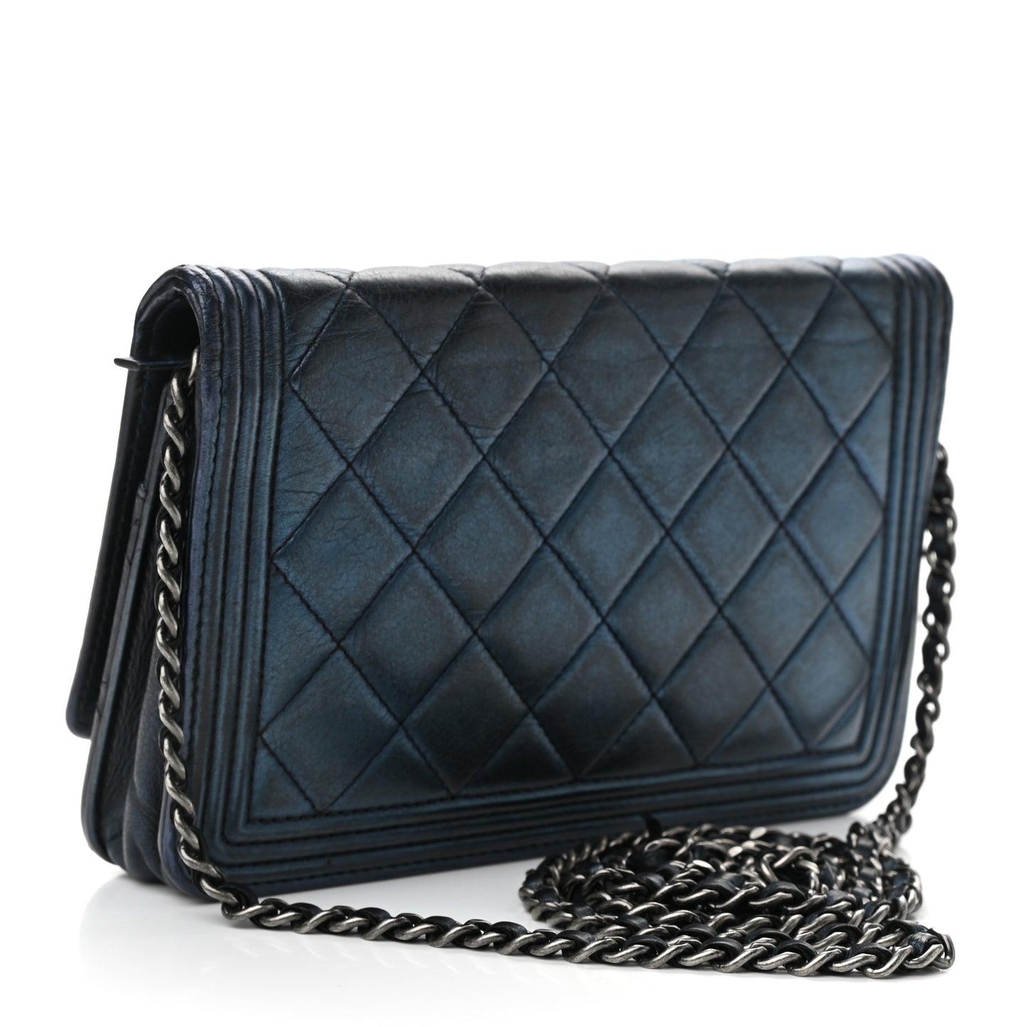 Metallic Calfskin Quilted Boy Wallet On Chain WOC Navy Blue