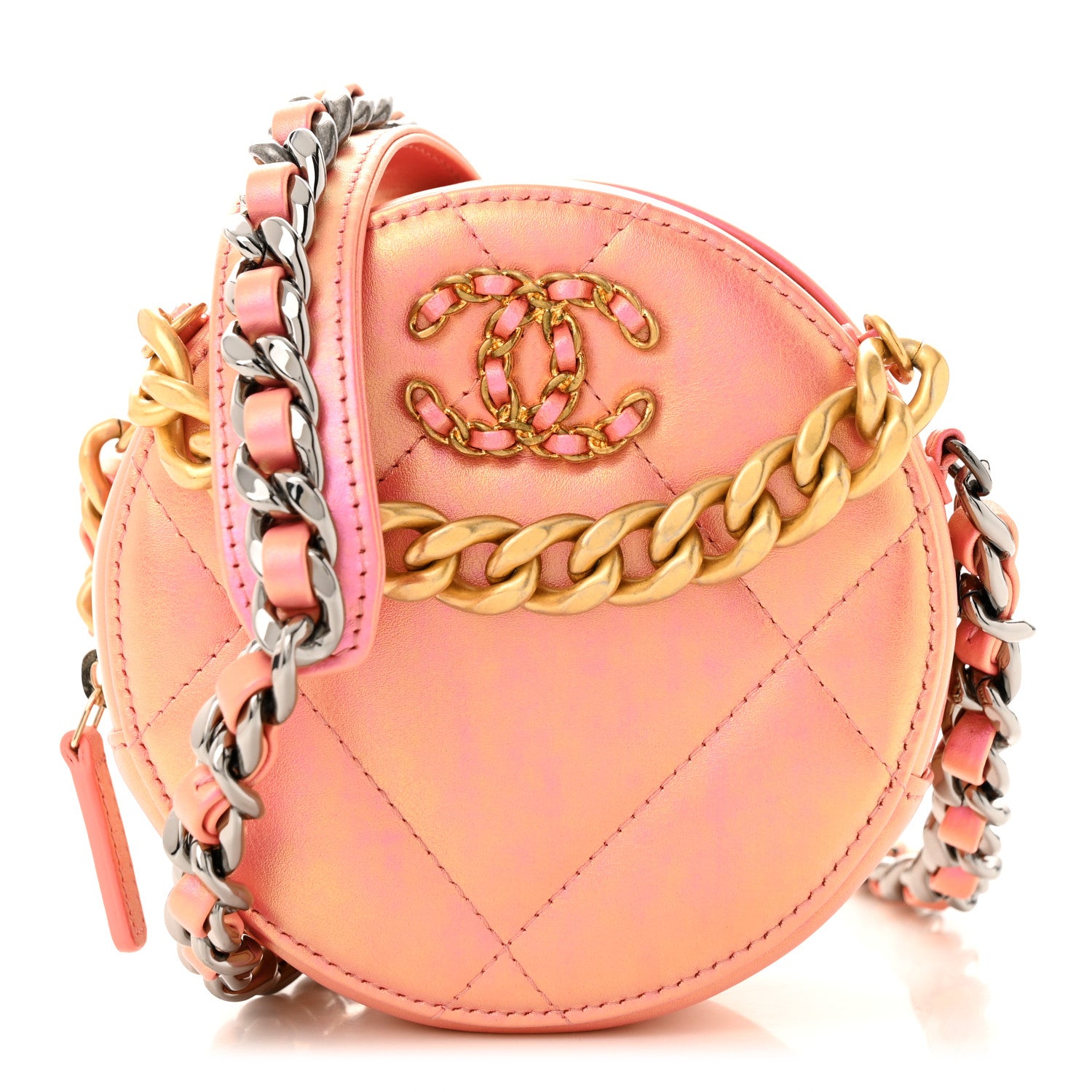 Chanel Iridescent Calfskin Quilted Chanel 19 Round Clutch With Chain Pink 1 of 10