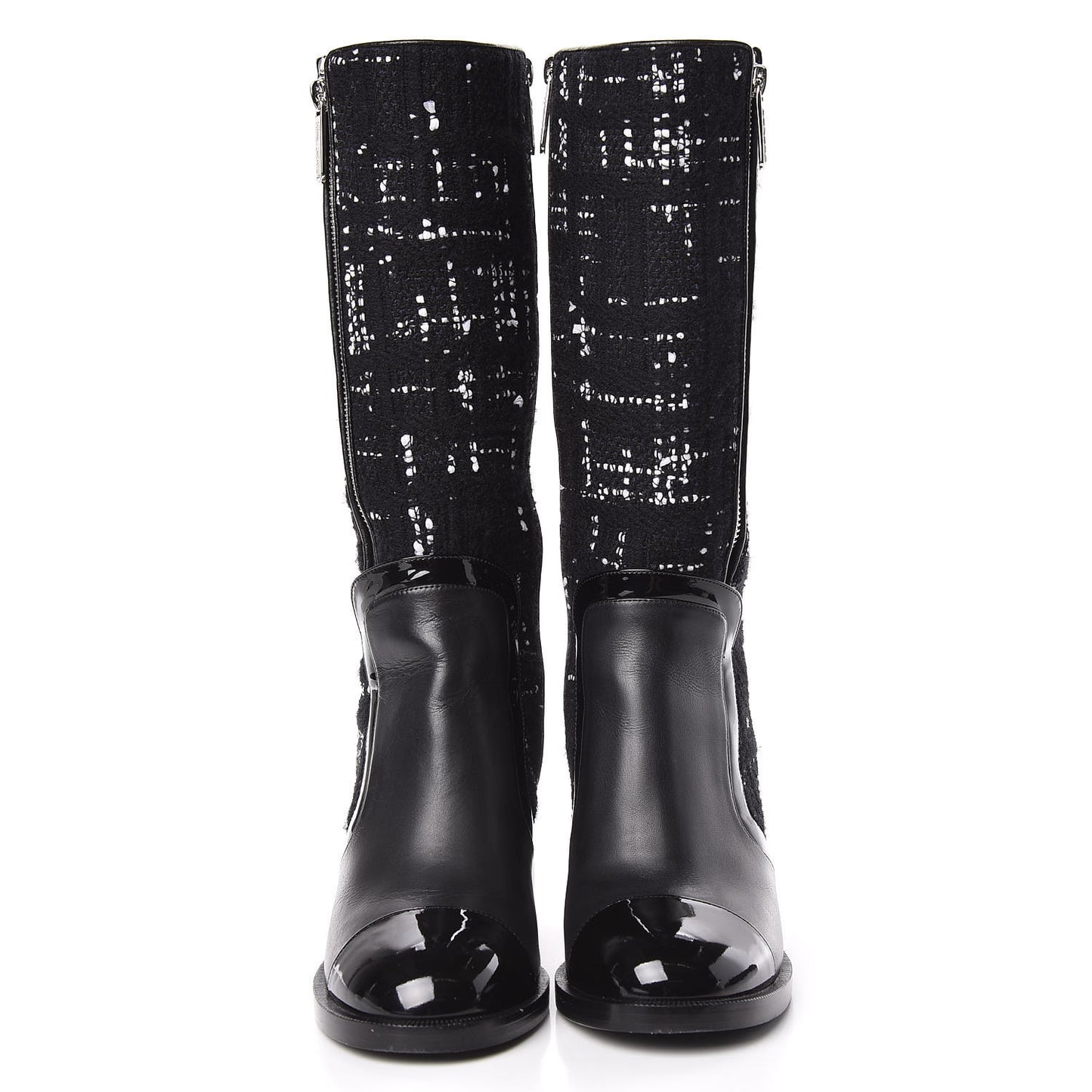 Tweed Calfskin Patent Cap Toe CC High Boots 39 Black Navy White