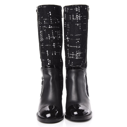 Chanel Tweed Calfskin Patent Cap Toe CC High Boots 39 Black Navy White 2 of 13