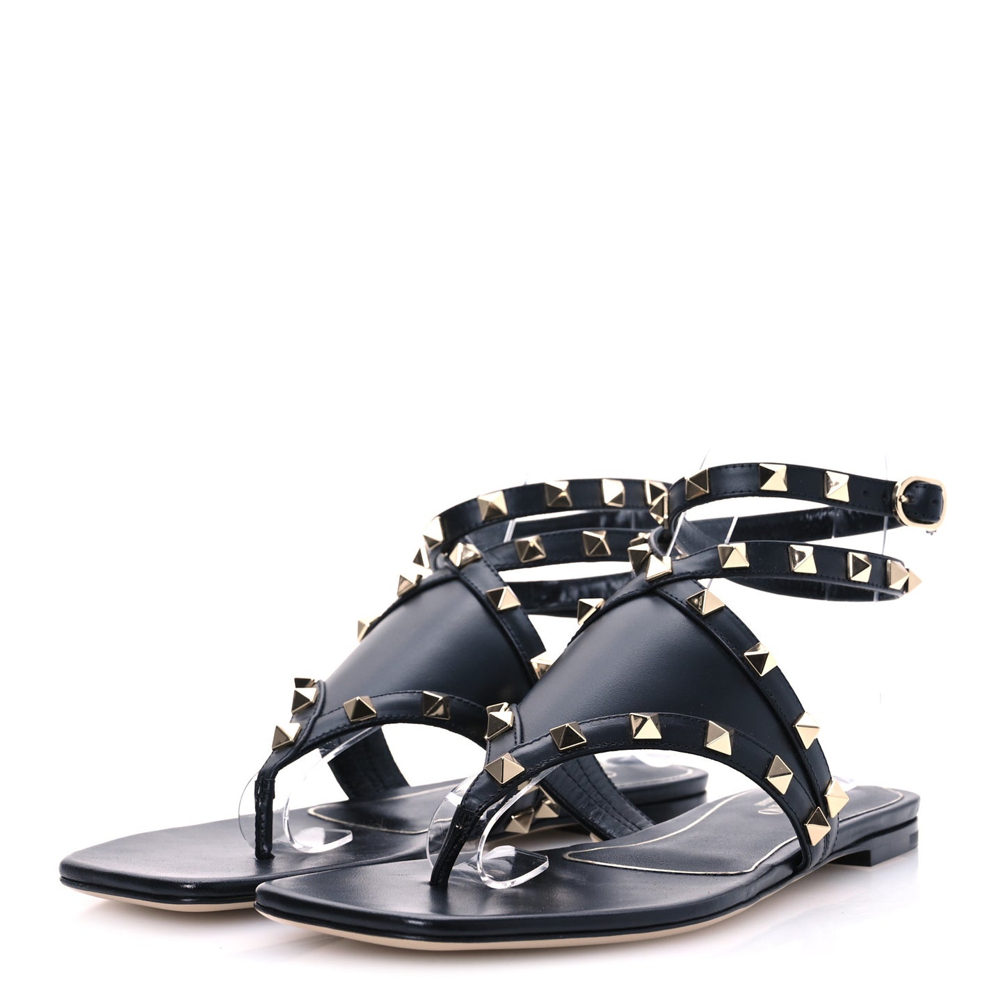 Calfskin Rockstud Ankle Wrap Flat Thong Sandals 37 Black