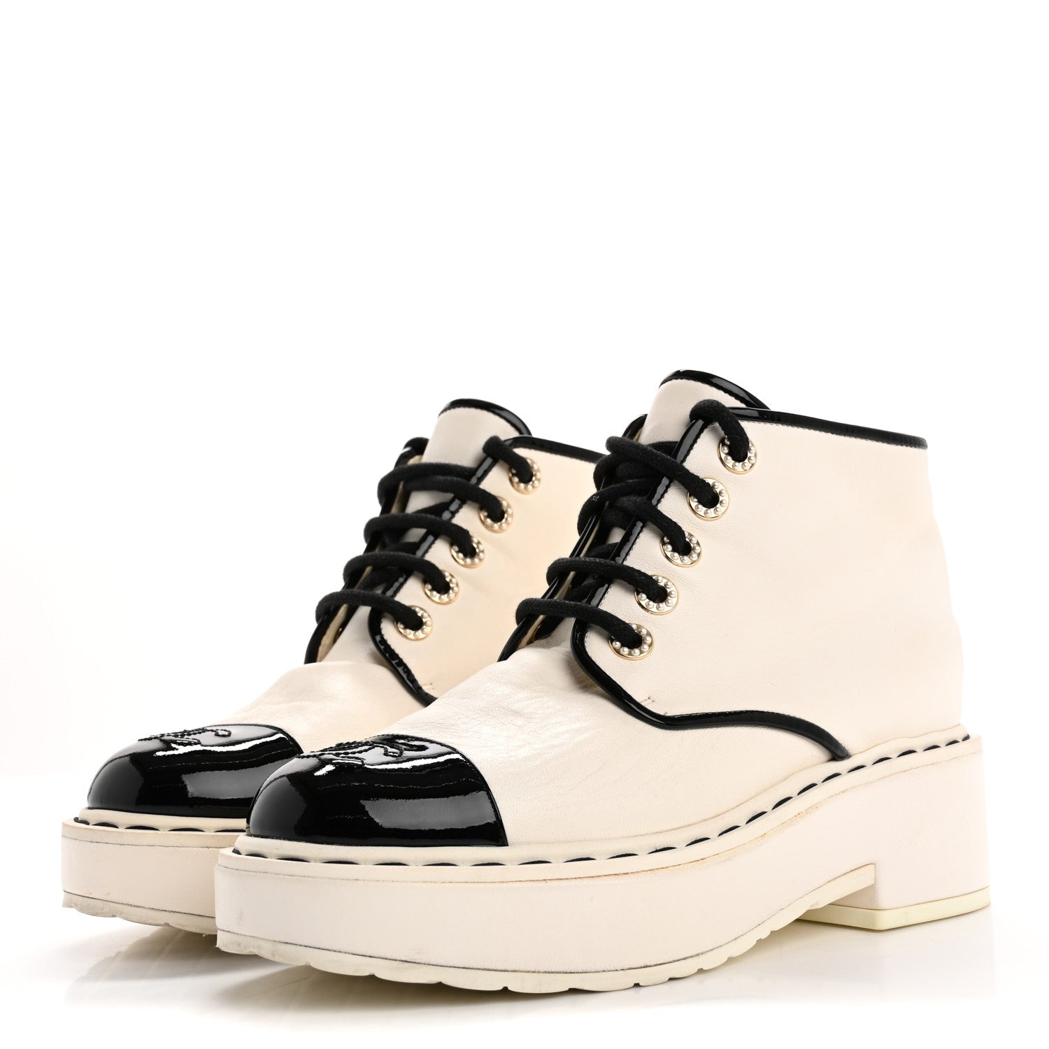 Chanel Lambskin Patent CC Cap Toe Pearl Short Boots 36.5 White Black 4 of 14