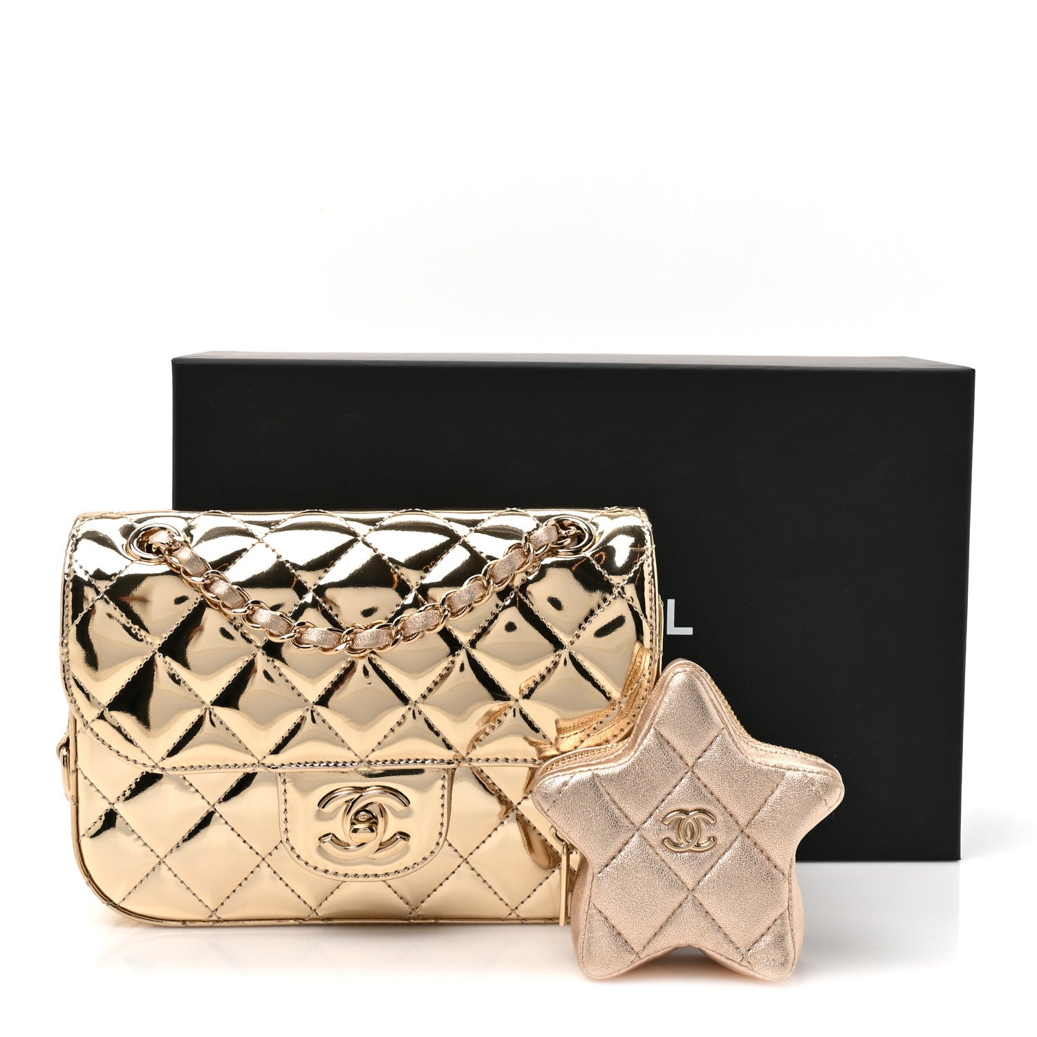 Chanel Mirror Calfskin Metallic Calfskin Quilted Hollywood Boulevard Mini Flap With Star Coin Purse Gold 13 of 13