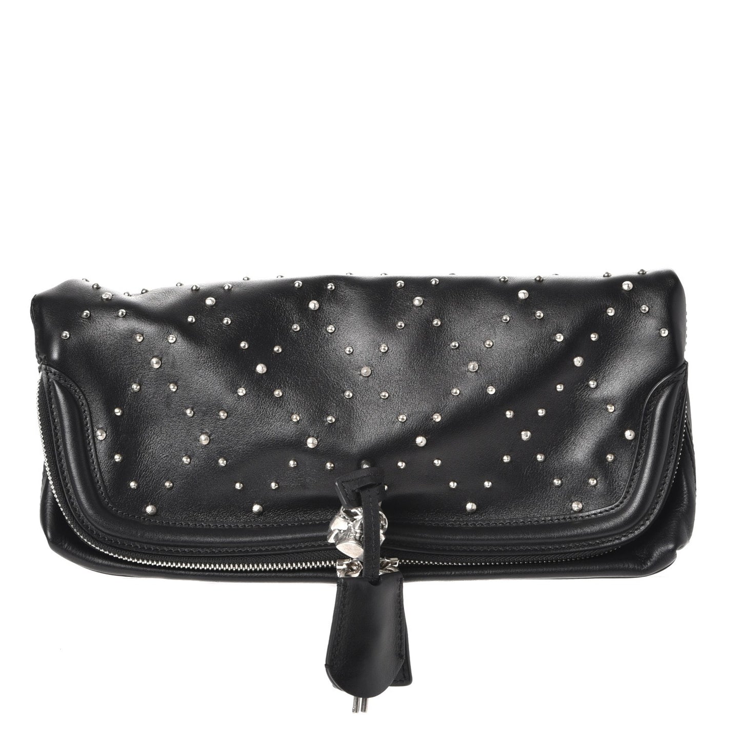 Calfskin Studded Padlock Skull Clutch Black